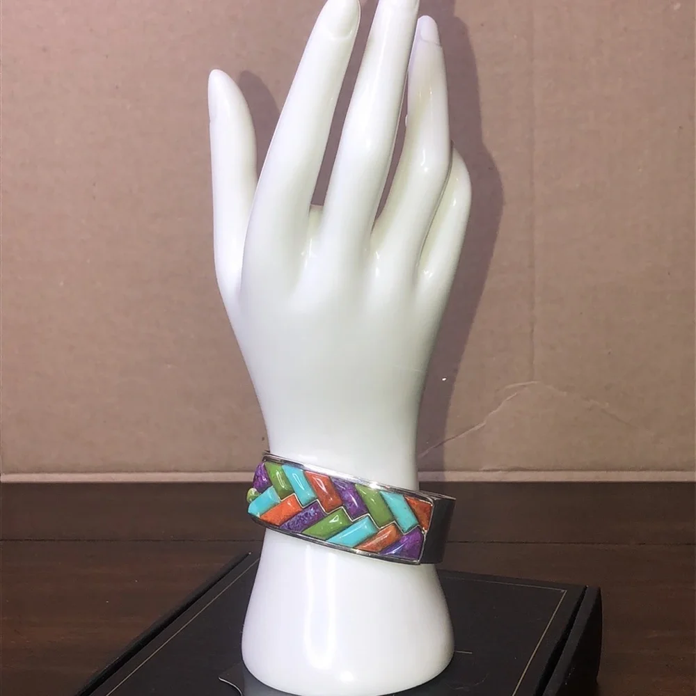 JAY KING Turquoise Coral Green Turquoise Sterling Silver Braided Gem Stone Cuff - Picture 4 of 17